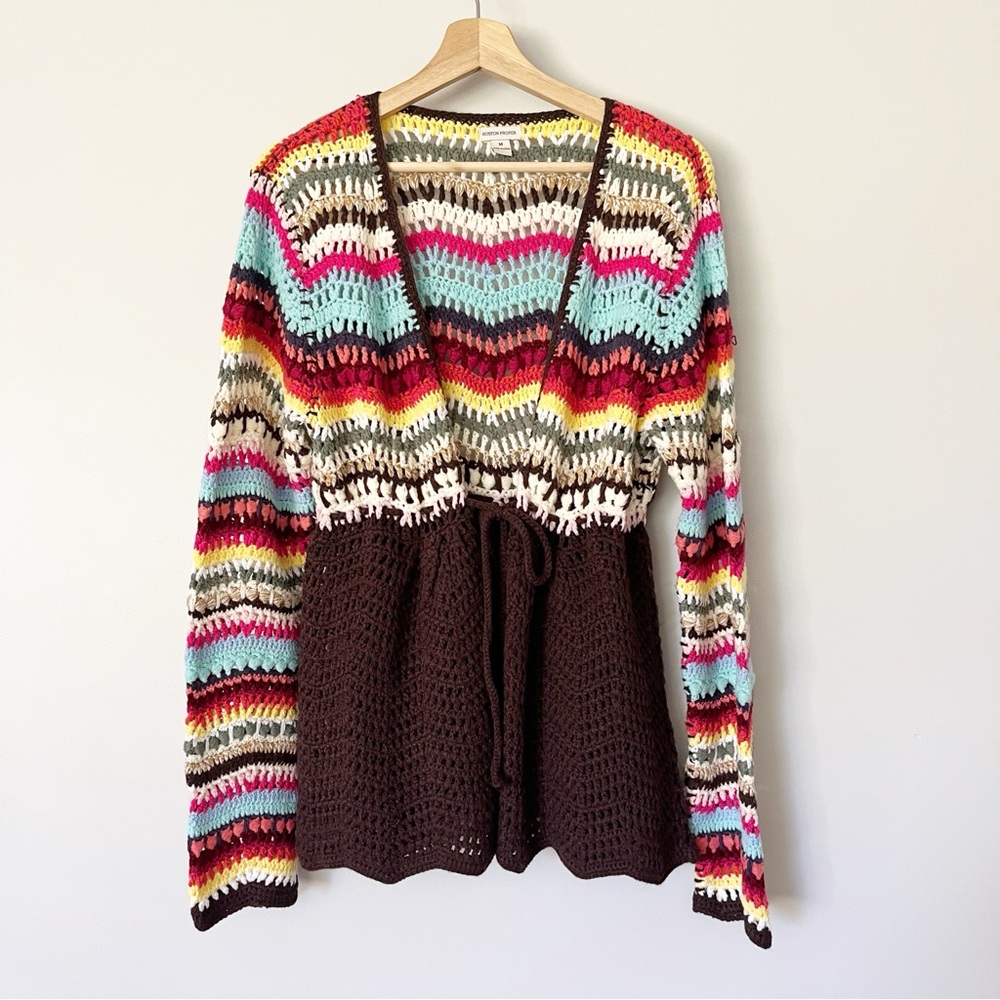Boston Proper Sweater Size Medium Rainbow Knit Tie‎ Front Crochet Cardigan Boho
